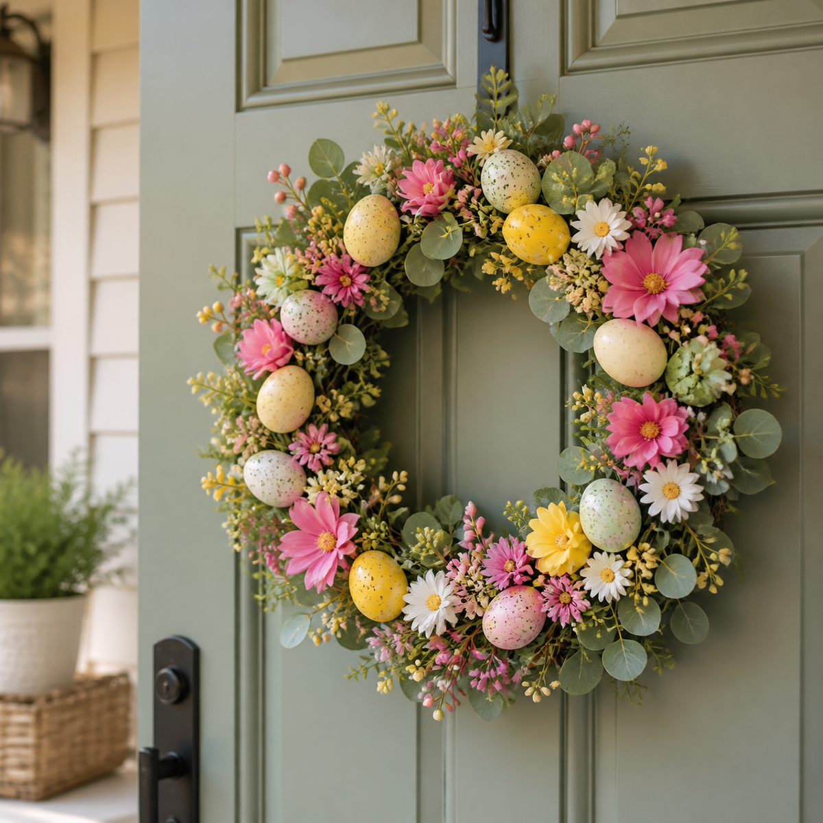 Cozy Haven Easter Spring Floral Door Wreath styled in a home setting
