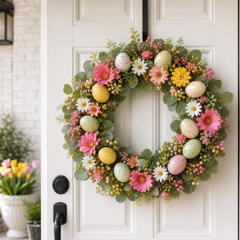 Cozy Haven Easter Spring Floral Door Wreath lifestyle image 3