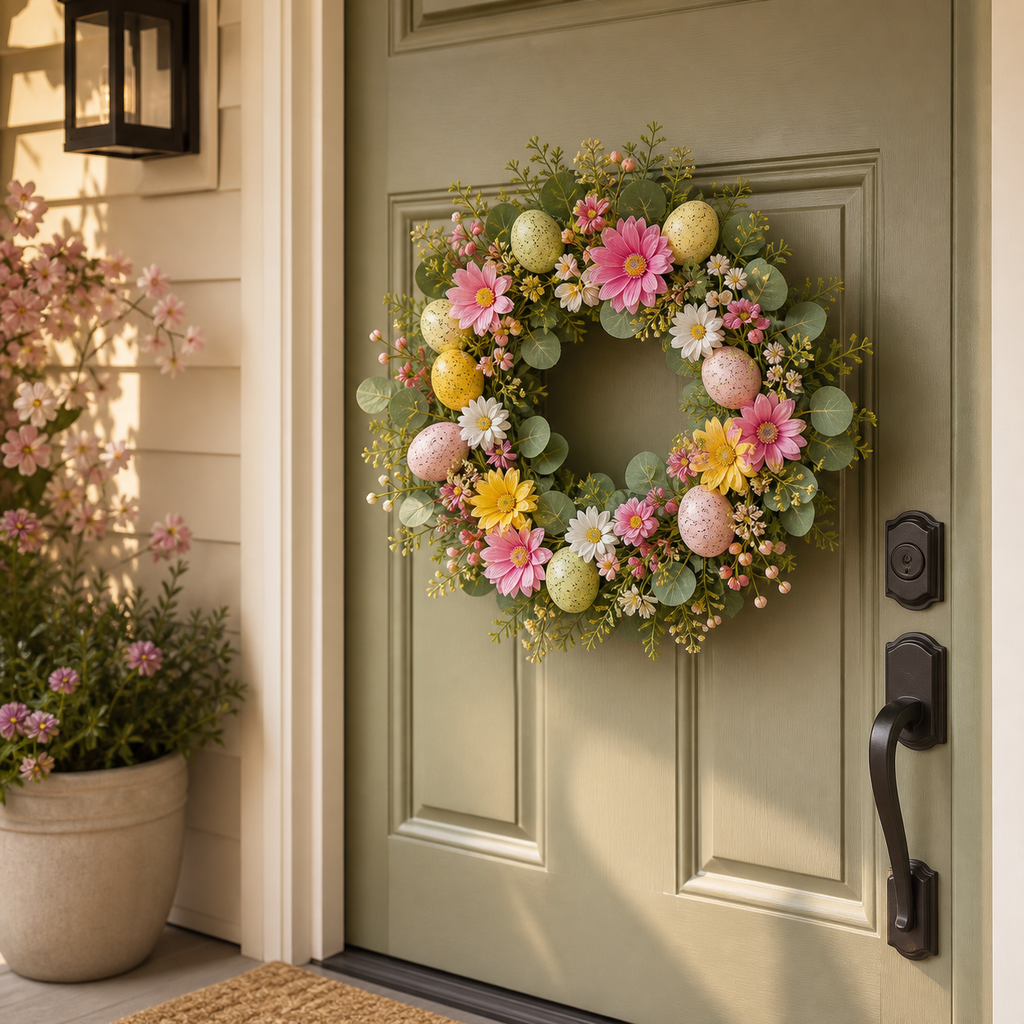 Cozy Haven Easter Spring Floral Door Wreath lifestyle image 2