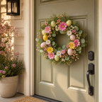 Cozy Haven Easter Spring Floral Door Wreath styled home view 2