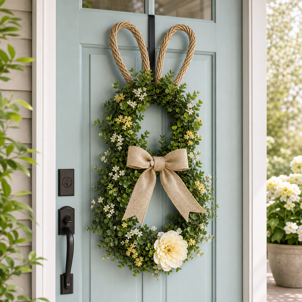 Cozy Haven Easter Bunny Front Door Wreath styled home view 1 for Easter Bunny Front Door Wreath