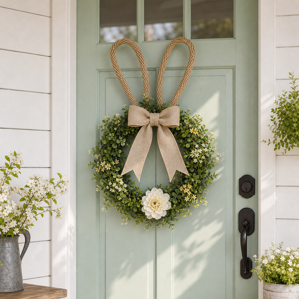 Cozy Haven Easter Bunny Front Door Wreath styled home view 2