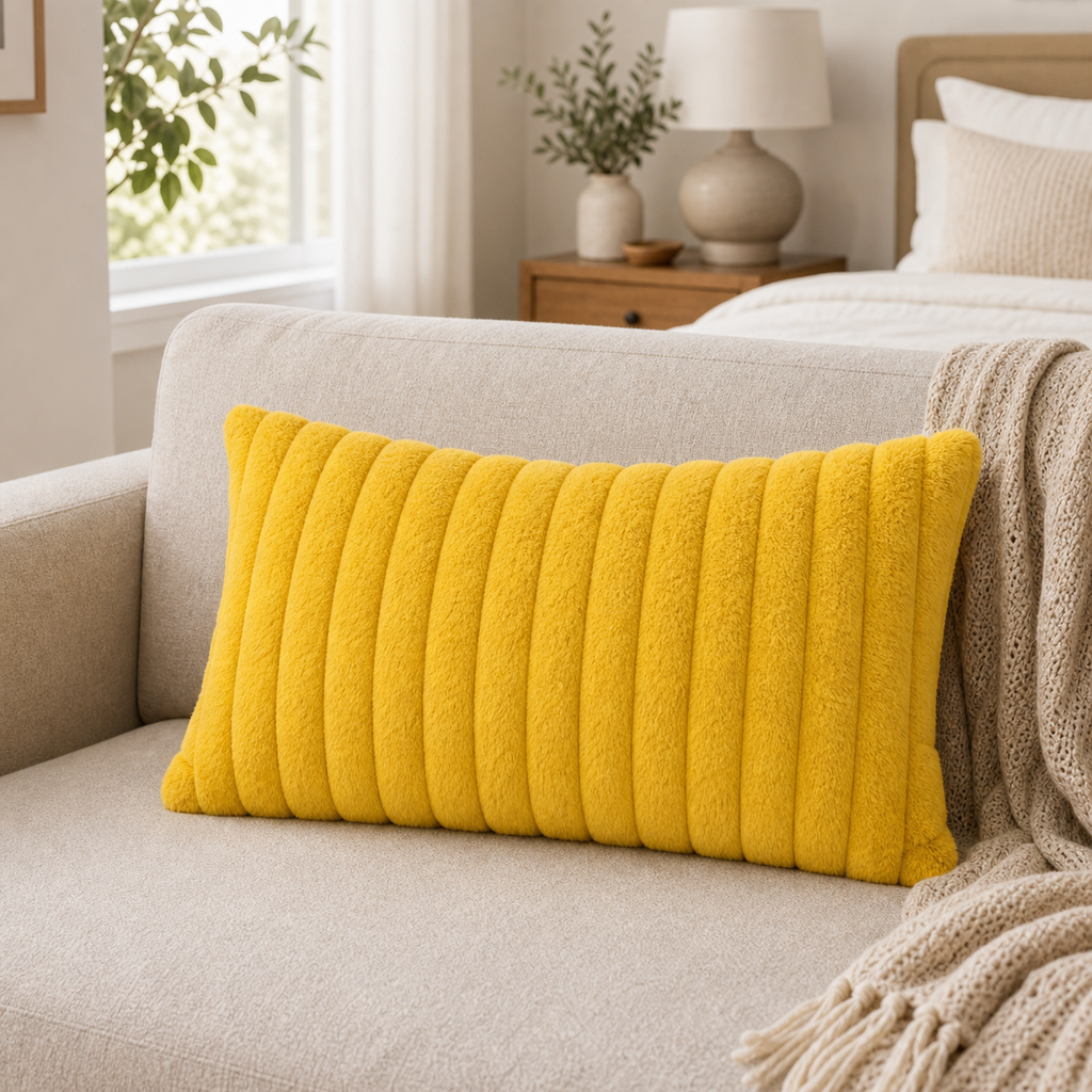 Cozy Haven Faux Rabbit Fur Pillow Cover Collection - Yellow / 30 x 50 cm, Yellow / 55 x 55 cm, Yellow / 60 x 60 cm