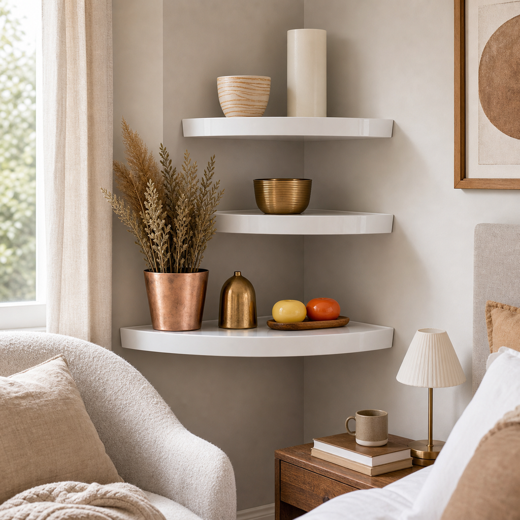 Cozy Haven gallery image for Cozy Haven Floating Corner Wall Shelves Set - 3 Pack White Wood Zigzag Display Storage Shelves - Living Room & Bedroom