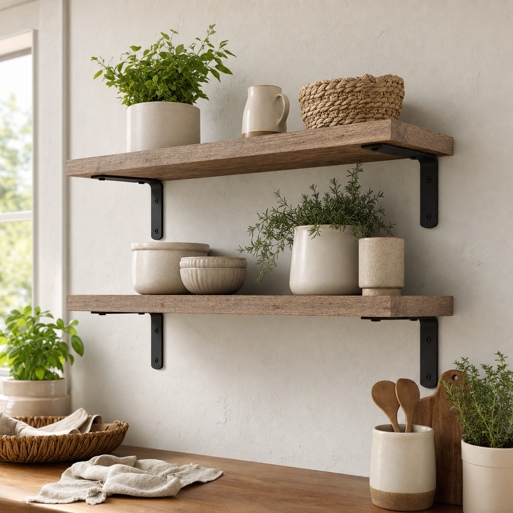 Cozy Haven Wooden Floating Shelves Set - 2 Pack styled home view 3 for Rustic Brown