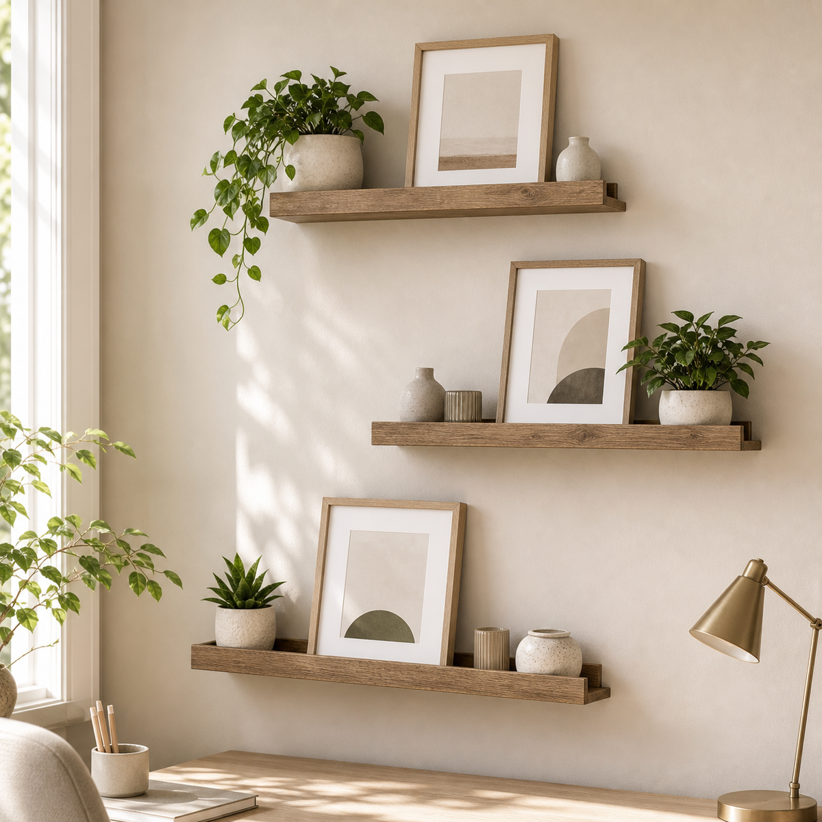 Cozy Haven Floating Wall Shelves Set styled in a home setting
