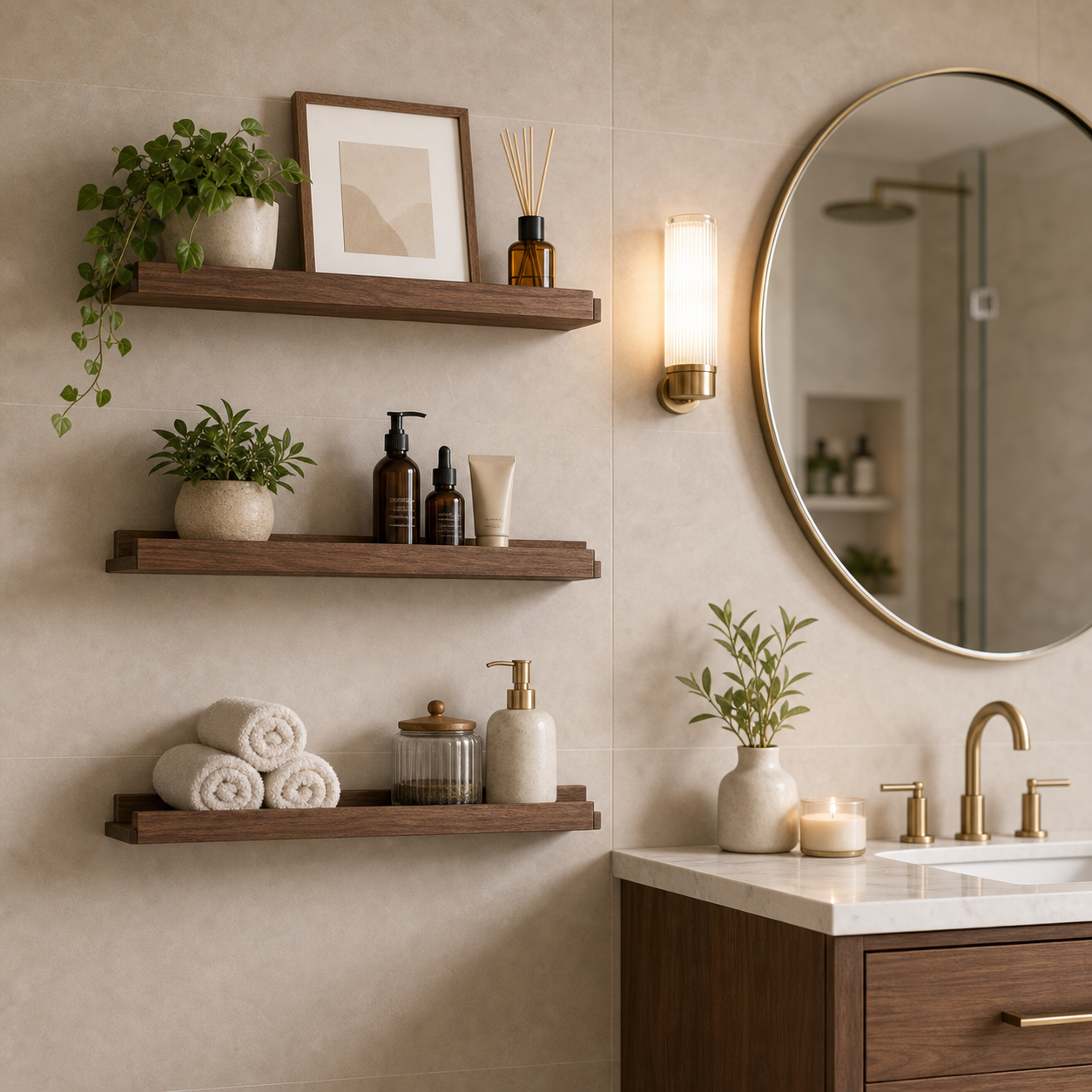 Cozy Haven Floating Wall Shelves Set styled lighting view 2 for Walnut
