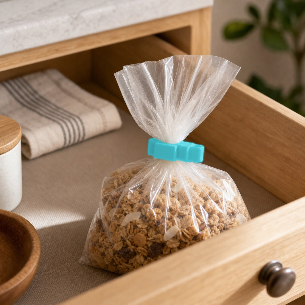 Cozy Haven Food Bag Sealing Clips - blue clip in pantry drawer