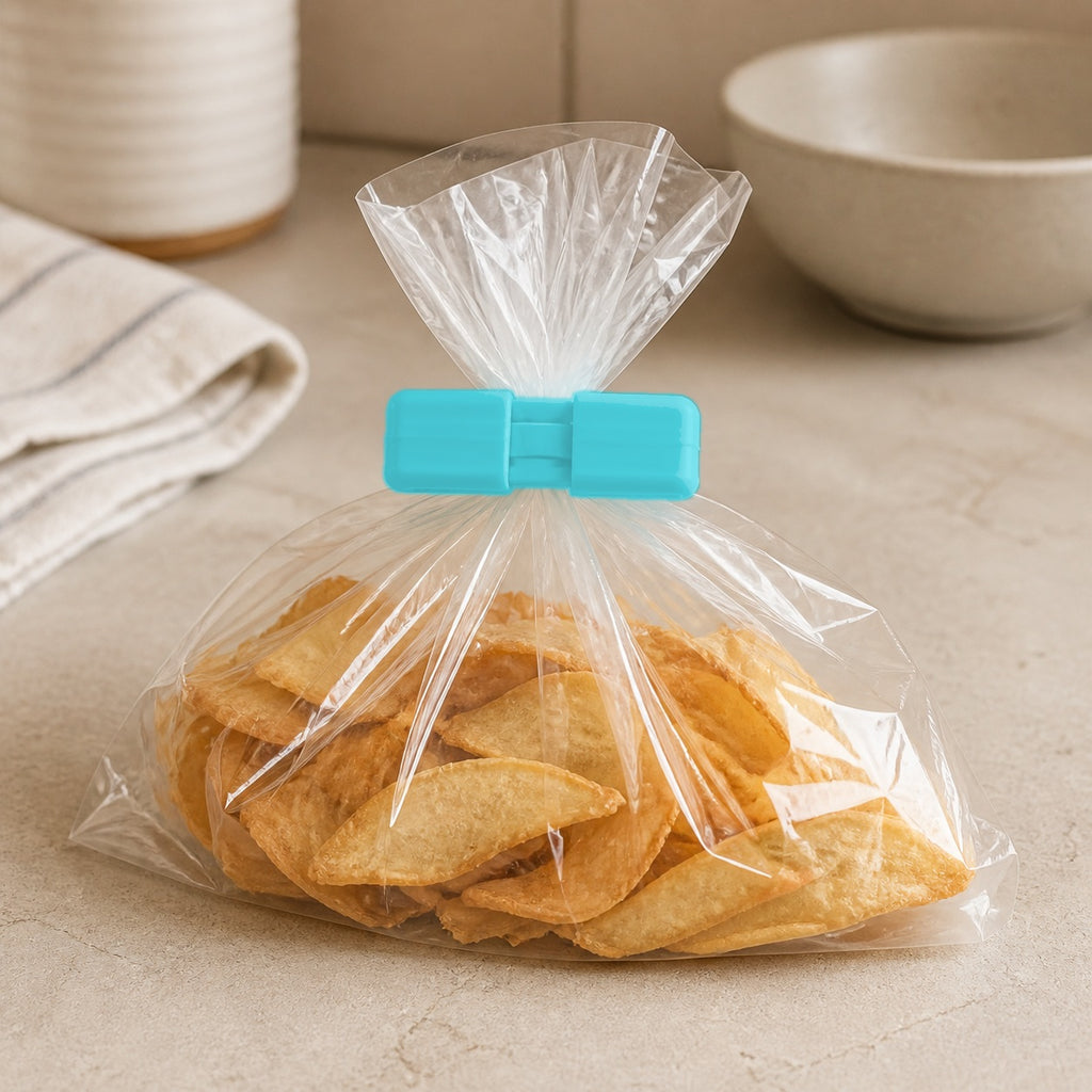 Cozy Haven Food Bag Sealing Clips - blue clip sealing a snack bag