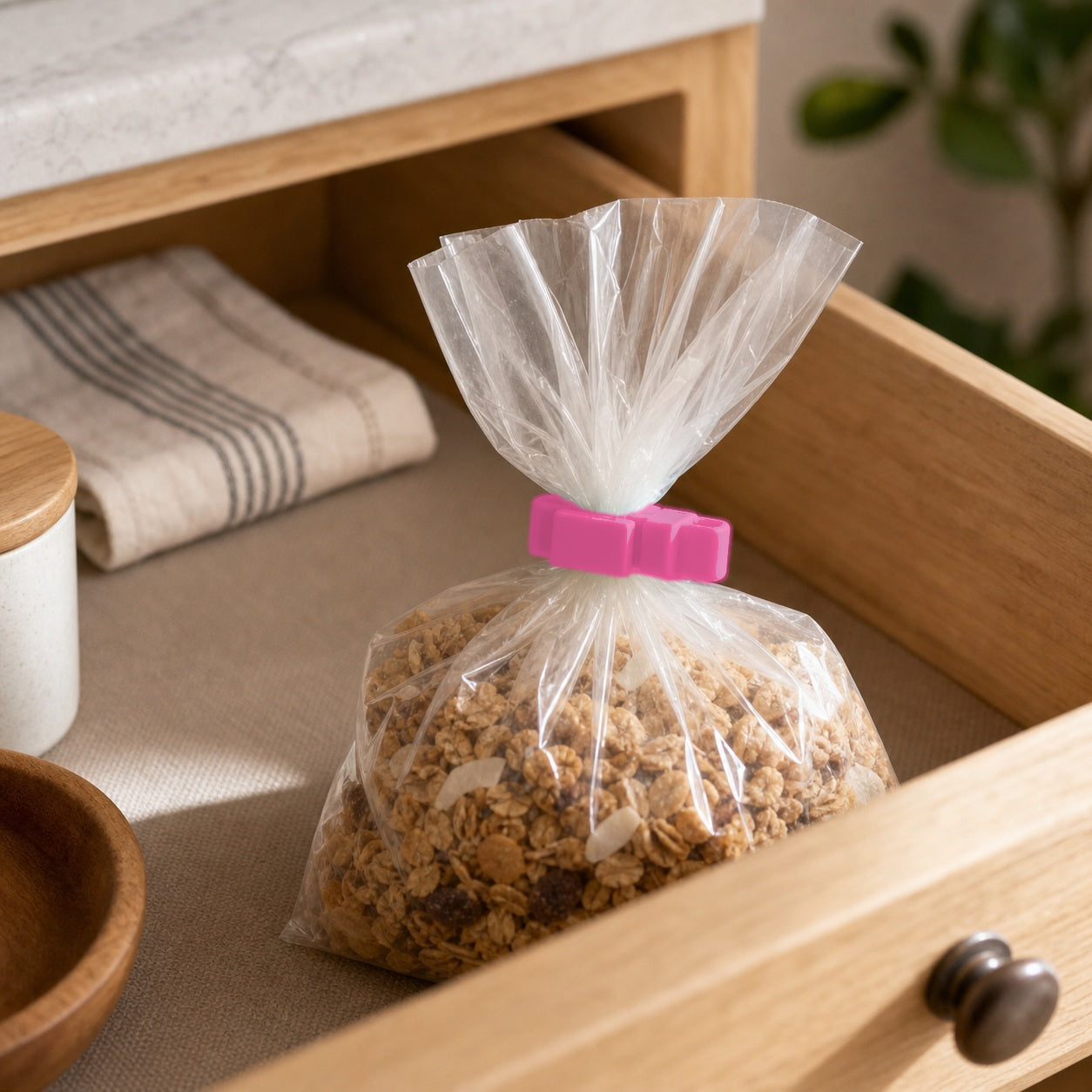 Cozy Haven Food Bag Sealing Clips - pink clip pantry detail