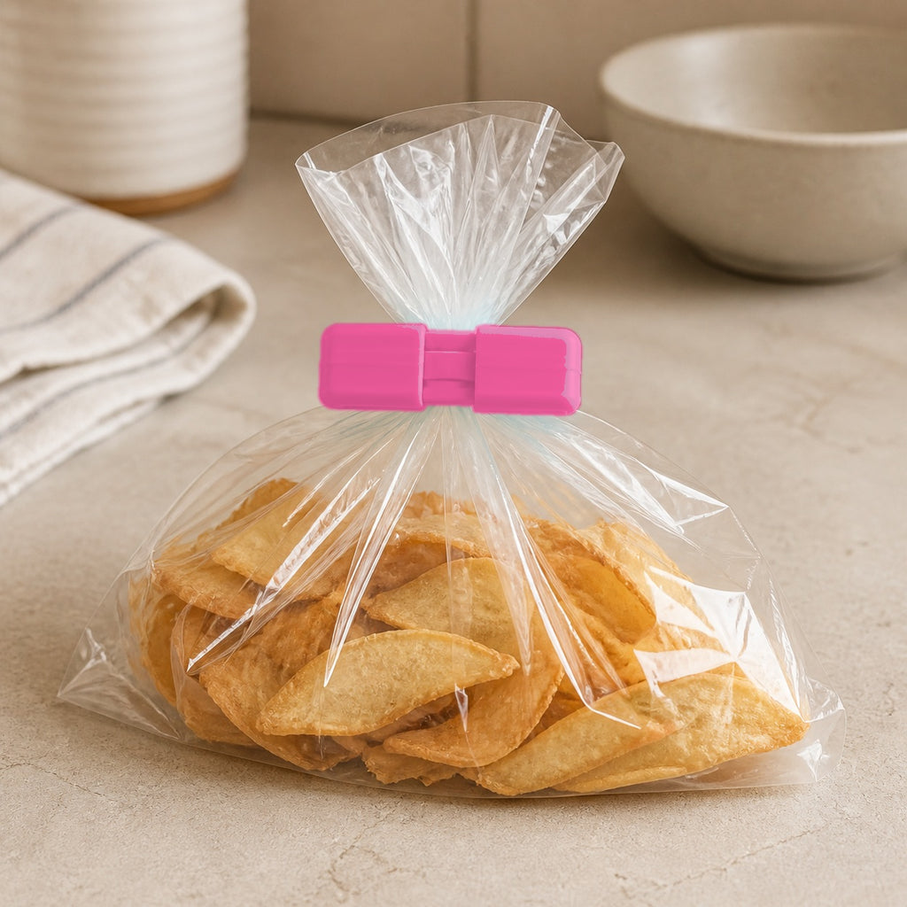 Cozy Haven Food Bag Sealing Clips - pink clip sealing a snack bag