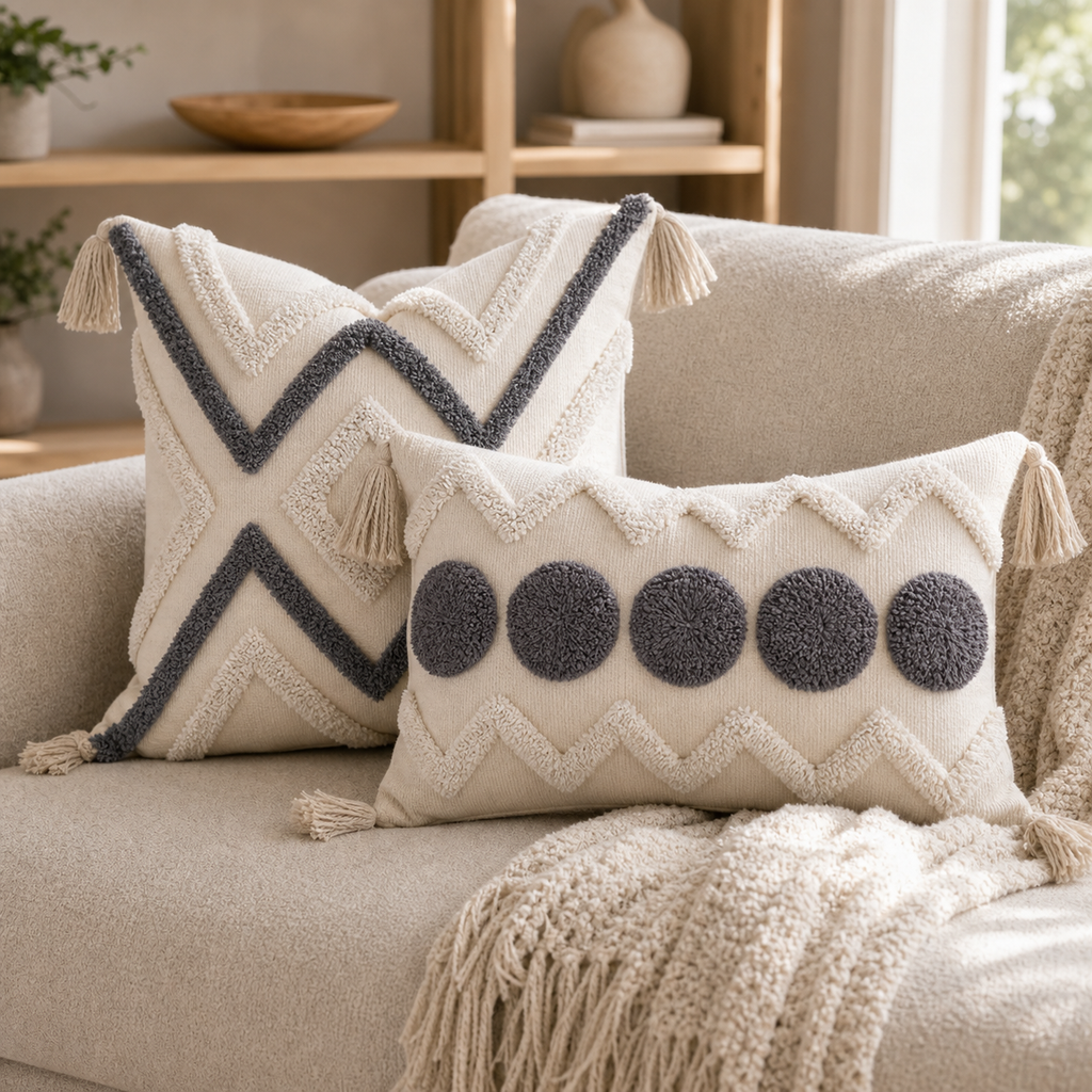 Cozy Haven Fringe Tufted Pillow Cover Set - Gray