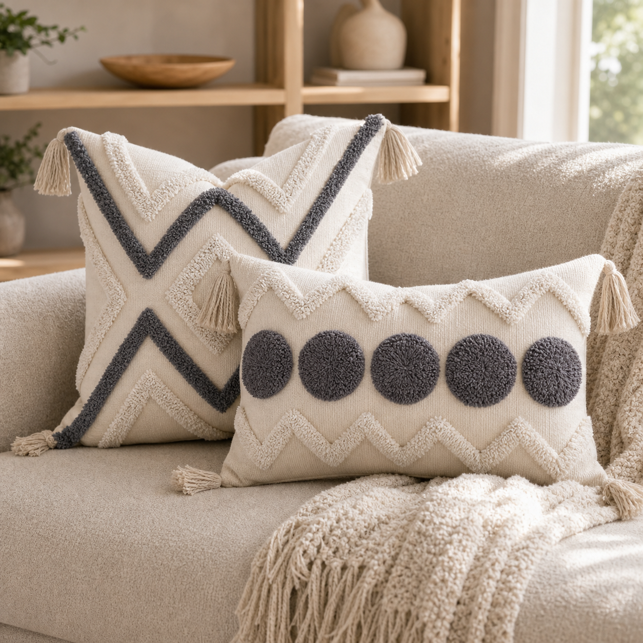 Cozy Haven Fringe Tufted Pillow Cover Set - Gray