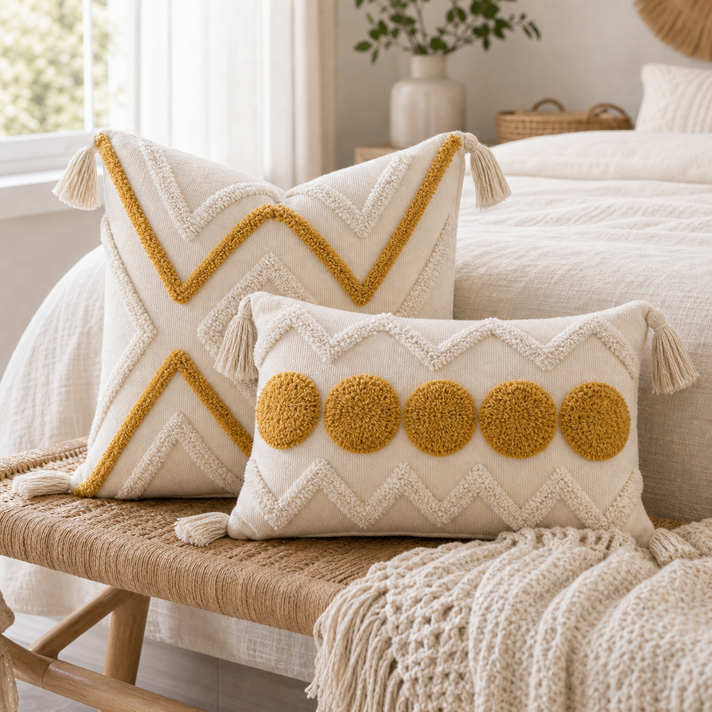 Cozy Haven Fringe Tufted Pillow Cover Set - Yellow
