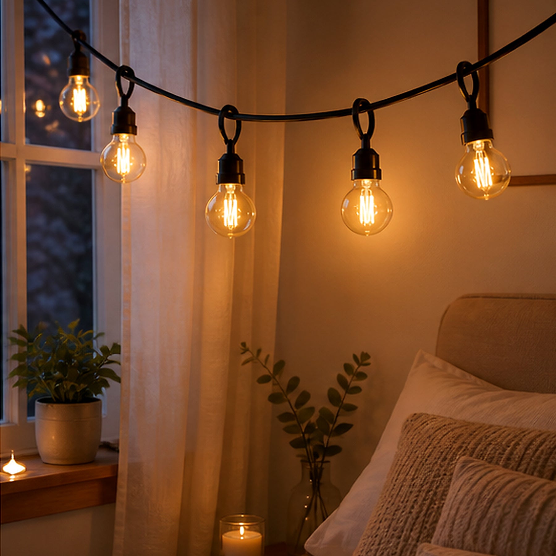 Cozy Haven Globe Solar String Lights by bedroom window