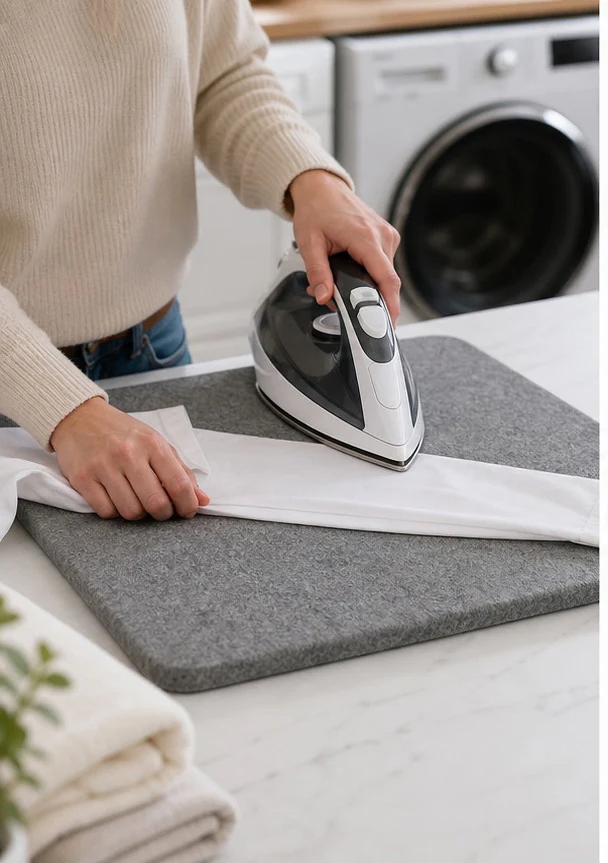 Cozy Haven Gray Wool Ironing Mat styled in a home setting