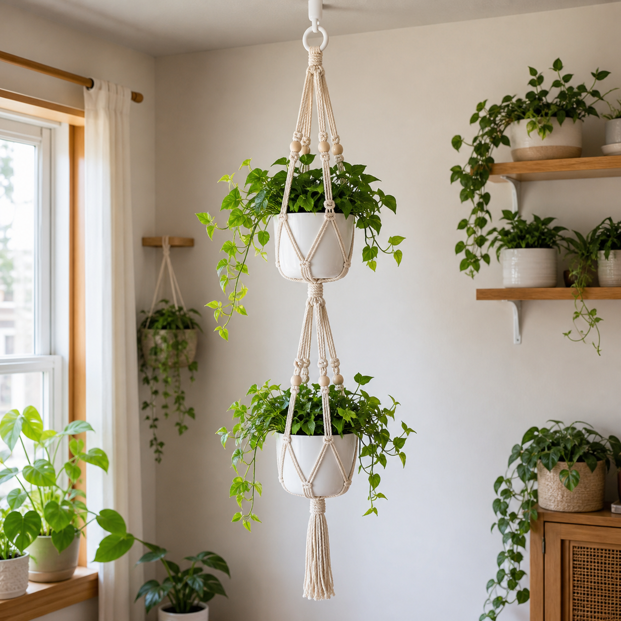 Cozy Haven Tiered Macrame Plant Hanger - Handmade Hanging Flower Pot Holder