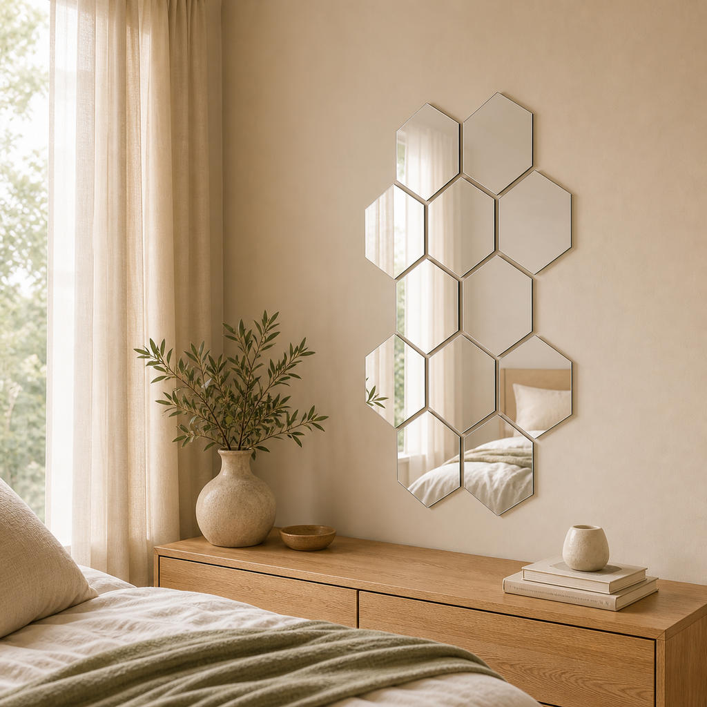 Cozy Haven 12-Pack Solid Hexagon Mirror Wall Sticker Set — angle view