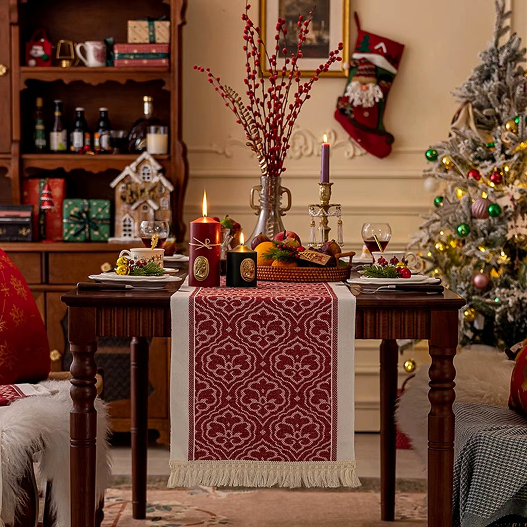 Cozy Haven Holiday Tassel Table Runner Collection lifestyle image 1 for Red Ornament / 35 x 160 cm; Red Ornament / 35 x 45 cm; Red Ornament / 35 x 180 cm