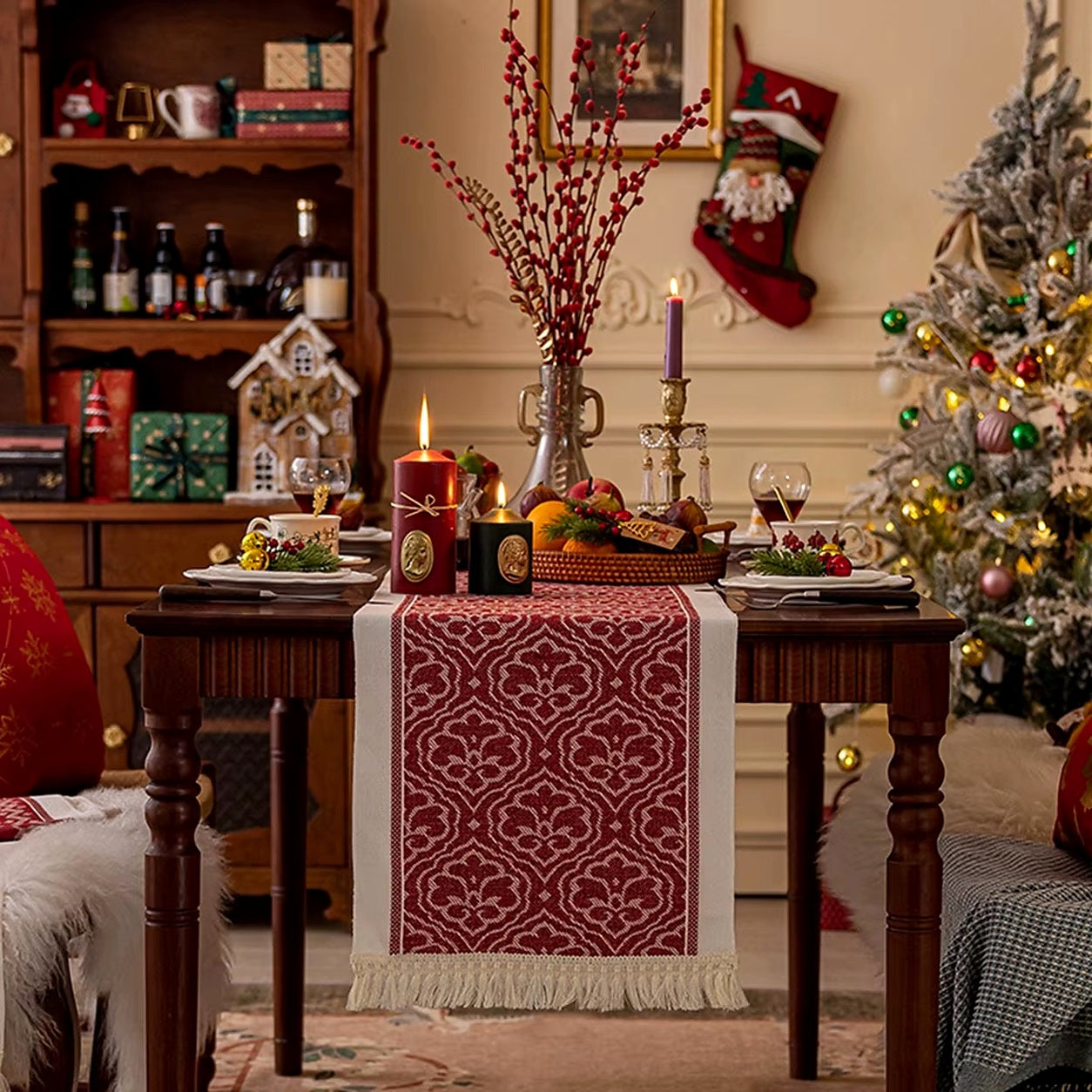 Cozy Haven Holiday Tassel Table Runner Collection lifestyle image 1 for Red Ornament / 35 x 160 cm; Red Ornament / 35 x 45 cm; Red Ornament / 35 x 180 cm