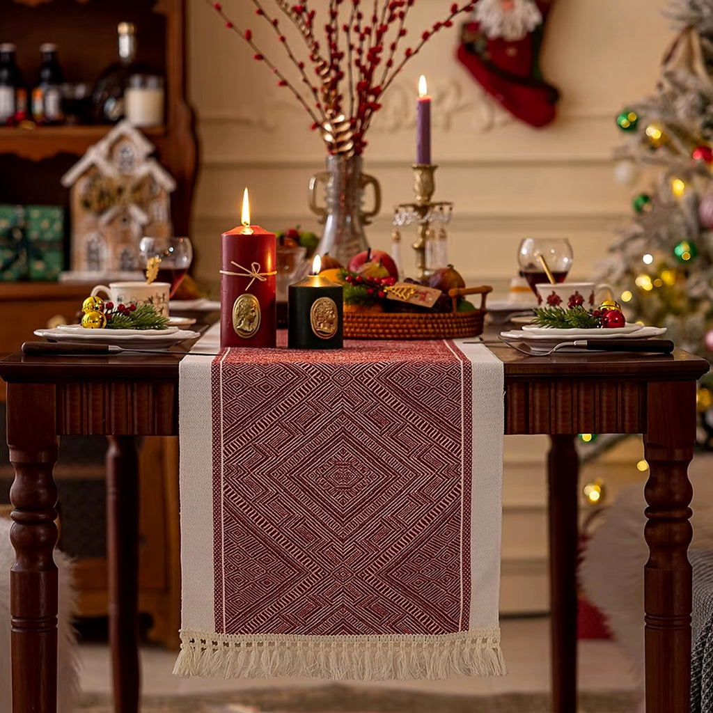 Cozy Haven Holiday Tassel Table Runner Collection lifestyle image 3 for Red Diamond / 35 x 160 cm; Red Diamond / 35 x 45 cm; Red Diamond / 35 x 180 cm