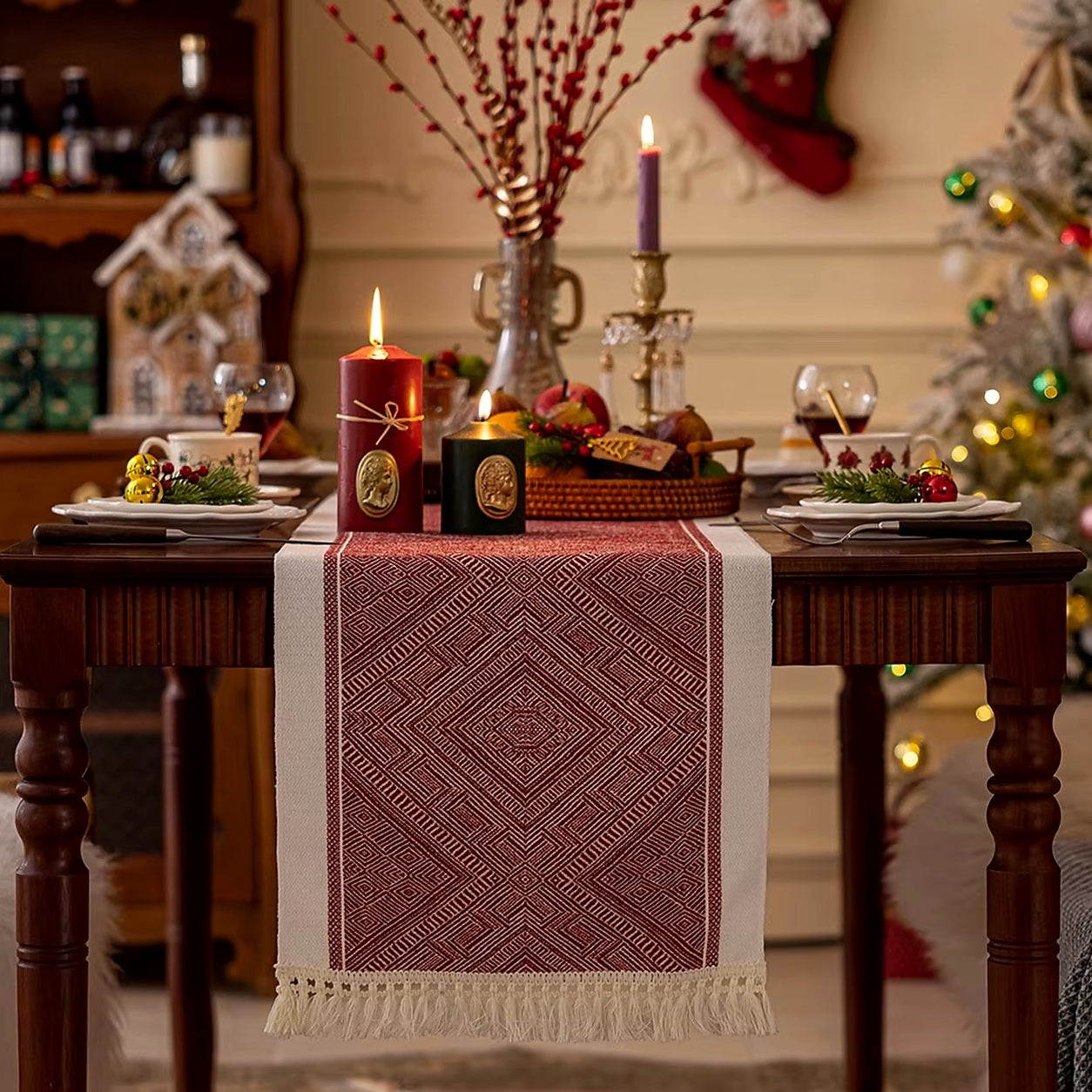Cozy Haven Holiday Tassel Table Runner Collection lifestyle image 3 for Red Diamond / 35 x 160 cm; Red Diamond / 35 x 45 cm; Red Diamond / 35 x 180 cm