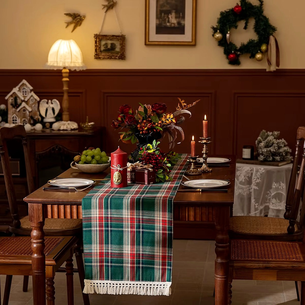 Cozy Haven Holiday Tassel Table Runner Collection lifestyle image 4 for Green Plaid / 35 x 160 cm; Green Plaid / 35 x 45 cm; Green Plaid / 35 x 180 cm