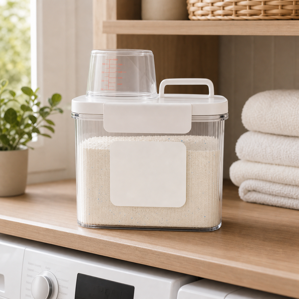 Cozy Haven Labelled Detergent Dispenser Jar Set styled in a home setting
