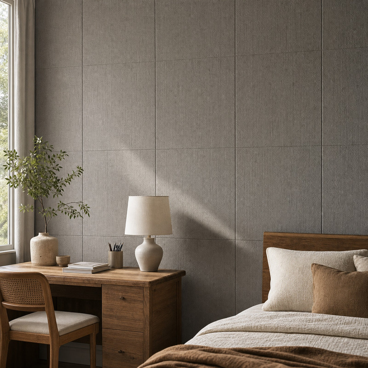 Cozy Haven Linen-Texture Peel-and-Stick Foam Wall Panel styled in a home setting