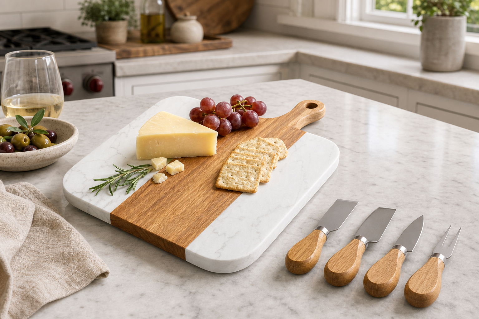 Cozy Haven Marble & Acacia Serving Board Set - 5-piece marble/acacia board + tools - lifestyle image 1