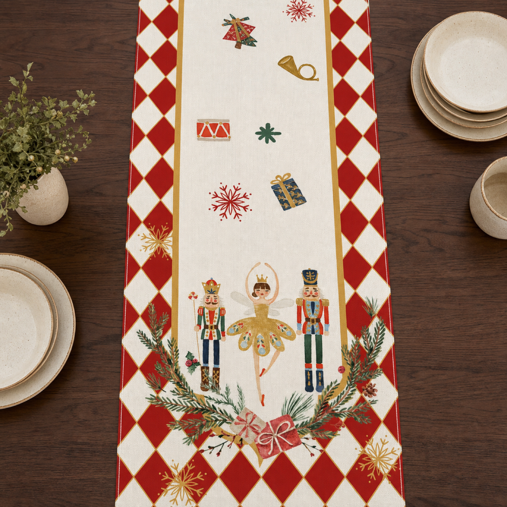 Cozy Haven Nutcracker Linen Table Runner — angle view