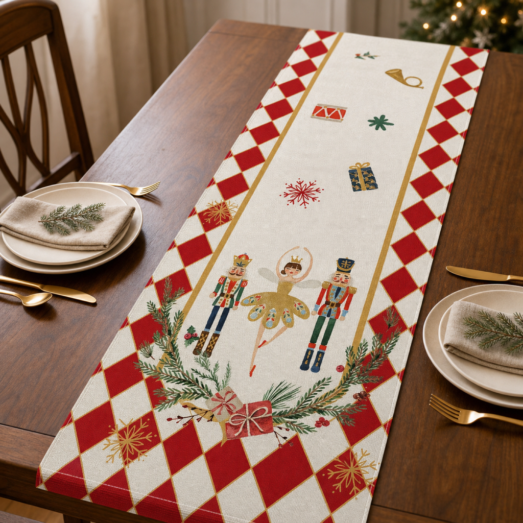 Cozy Haven Nutcracker Linen Table Runner — scale view