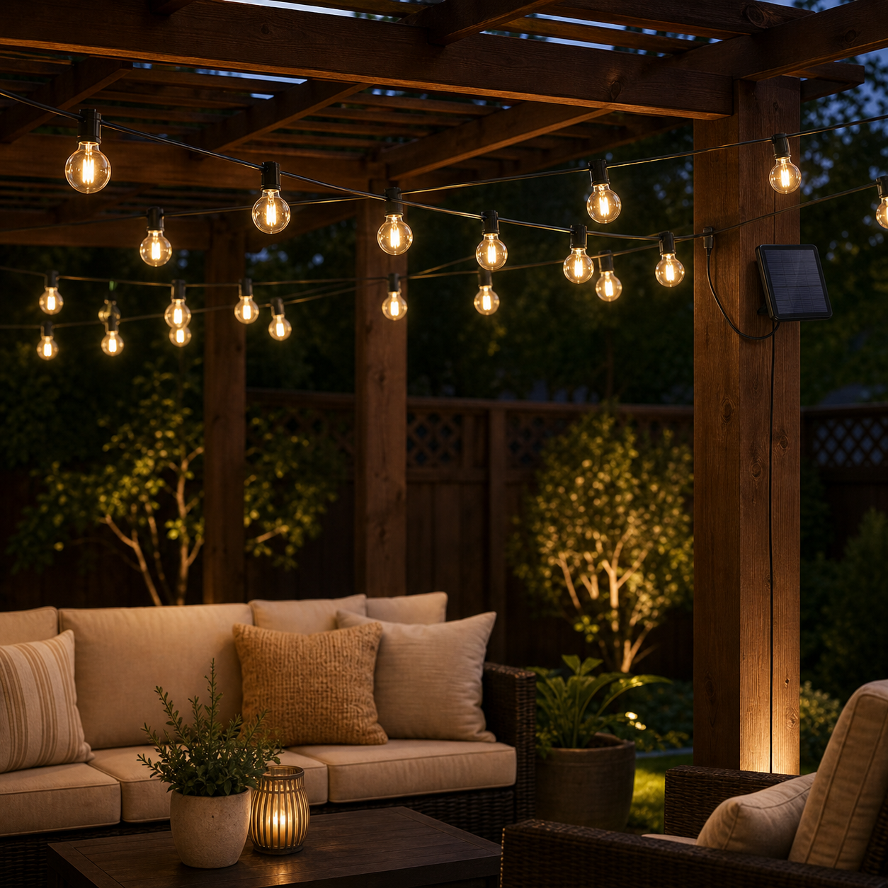 Cozy Haven Patio Solar G40 Globe String Lights lifestyle image 2 for 49 ft / 25 Bulbs; 59 ft / 30 Bulbs