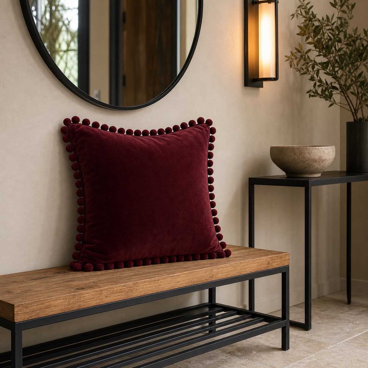 Cozy Haven Multi-Size Pom-Pom Velvet Pillow Cover - 50 x 50 cm / Burgundy, 40 x 40 cm / Burgundy, +1 more