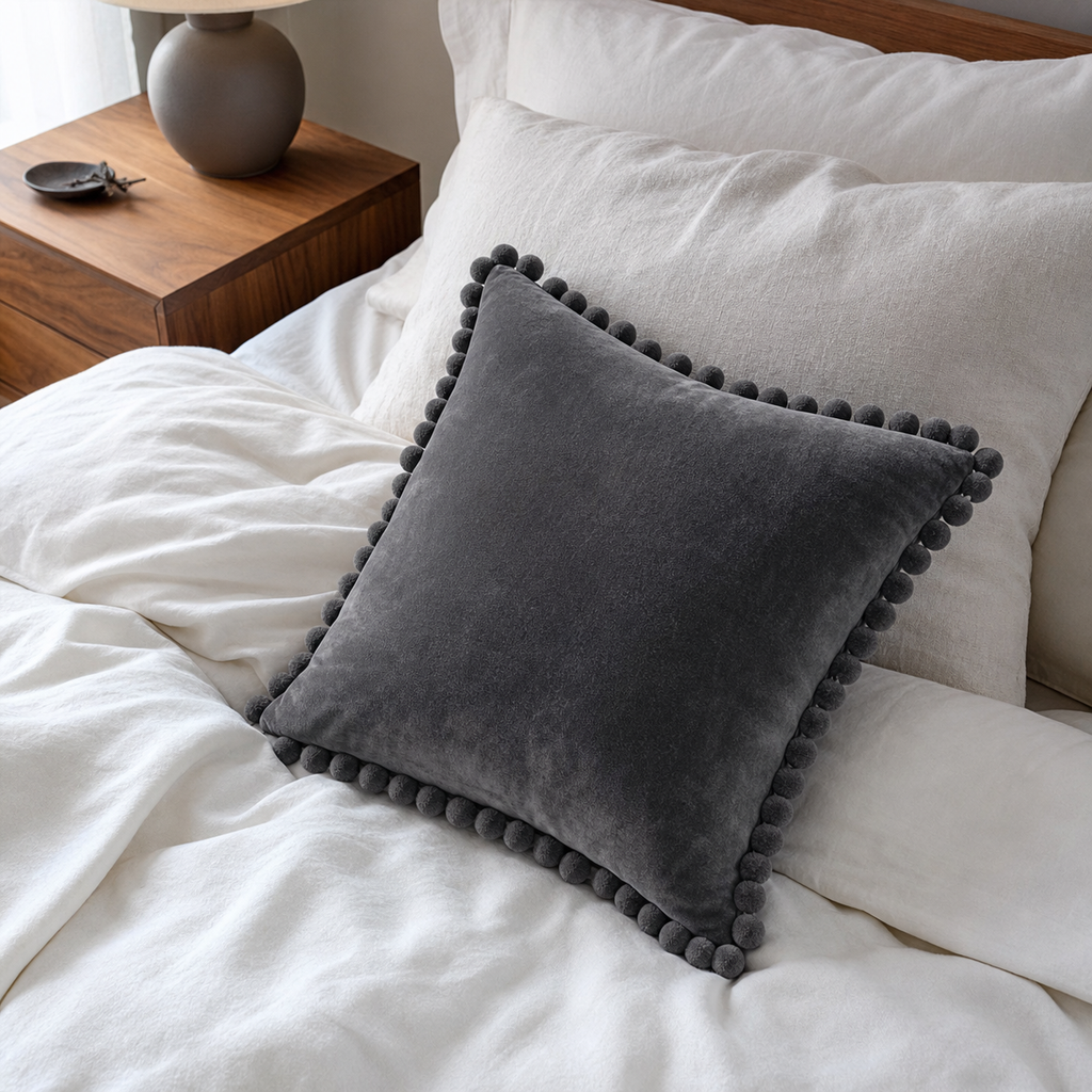 Cozy Haven Multi-Size Pom-Pom Velvet Pillow Cover - 50 x 50 cm / Charcoal Gray, 40 x 40 cm / Charcoal Gray, +1 more