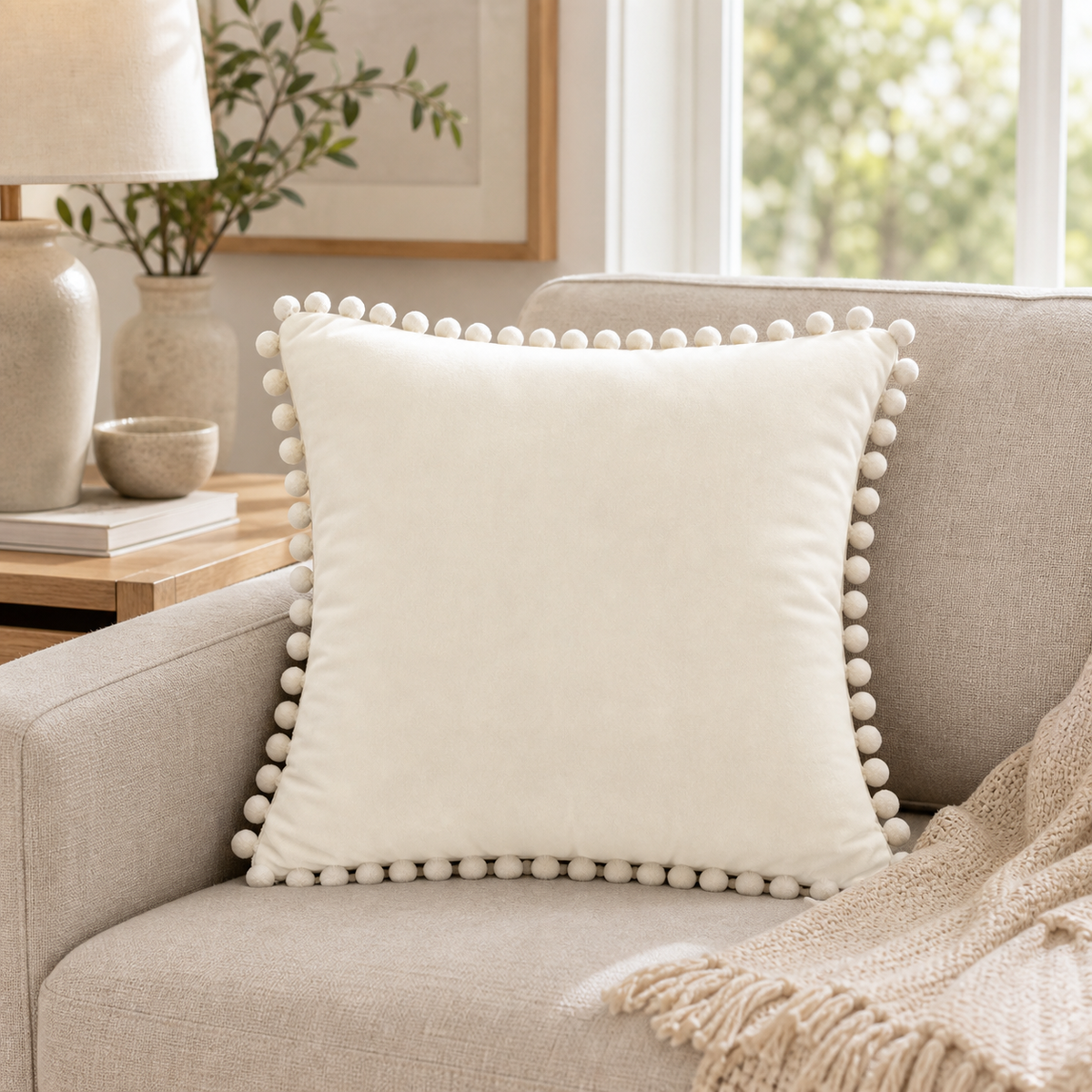 Cozy Haven Multi-Size Pom-Pom Velvet Pillow Cover styled in a home setting