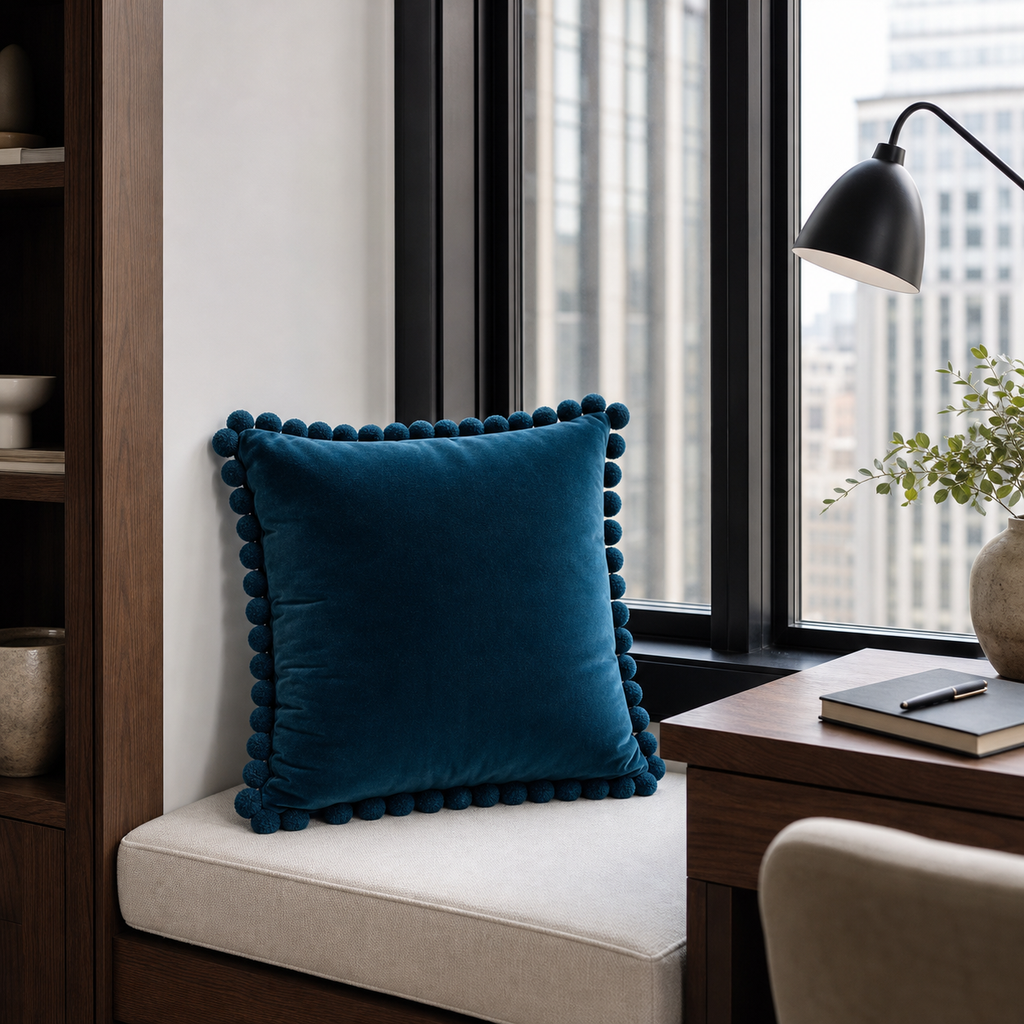 Cozy Haven Multi-Size Pom-Pom Velvet Pillow Cover - 50 x 50 cm / Deep Teal Blue, 40 x 40 cm / Deep Teal Blue, +1 more