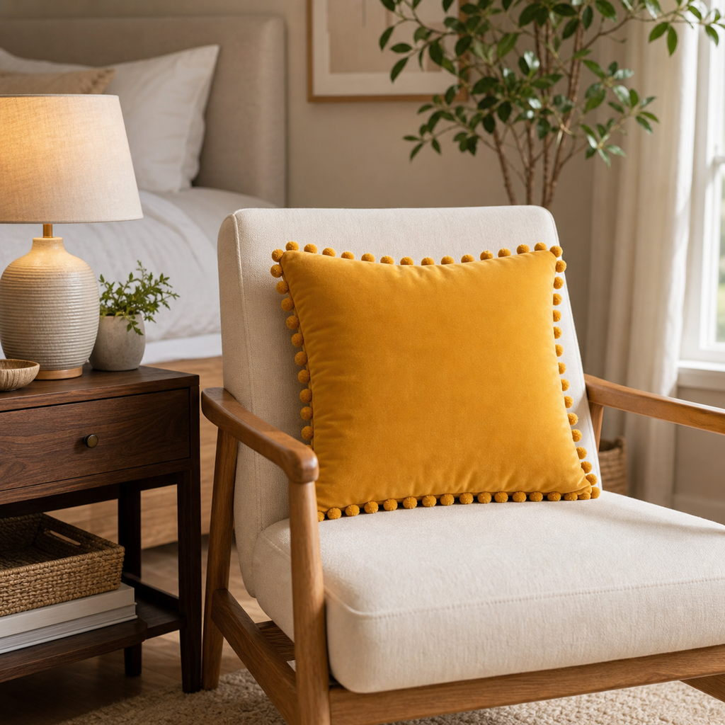 Cozy Haven Multi-Size Pom-Pom Velvet Pillow Cover - 50 x 50 cm / Golden Yellow, 40 x 40 cm / Golden Yellow, +1 more