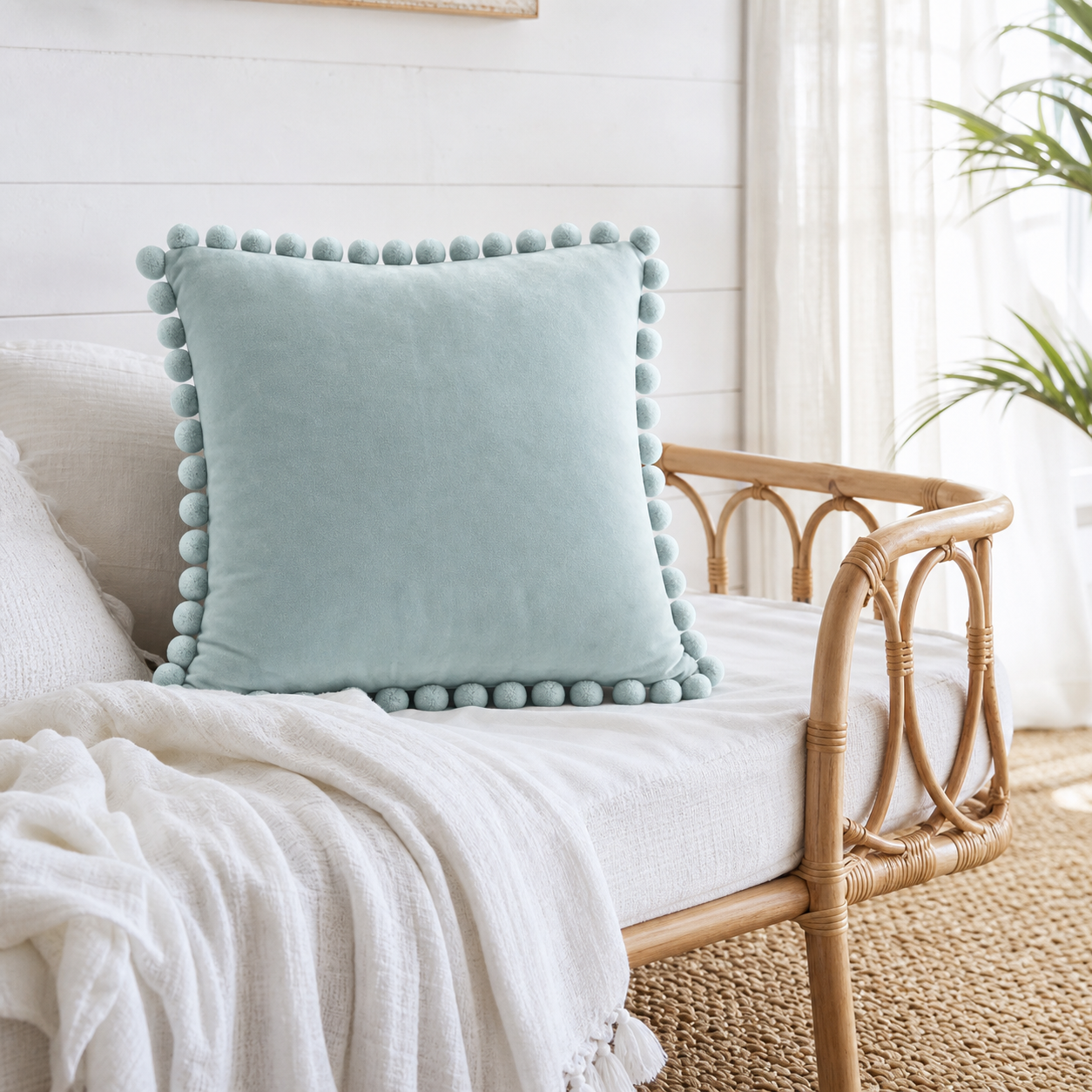 Cozy Haven Multi-Size Pom-Pom Velvet Pillow Cover - 50 x 50 cm / Pale Aqua, 40 x 40 cm / Pale Aqua, +1 more