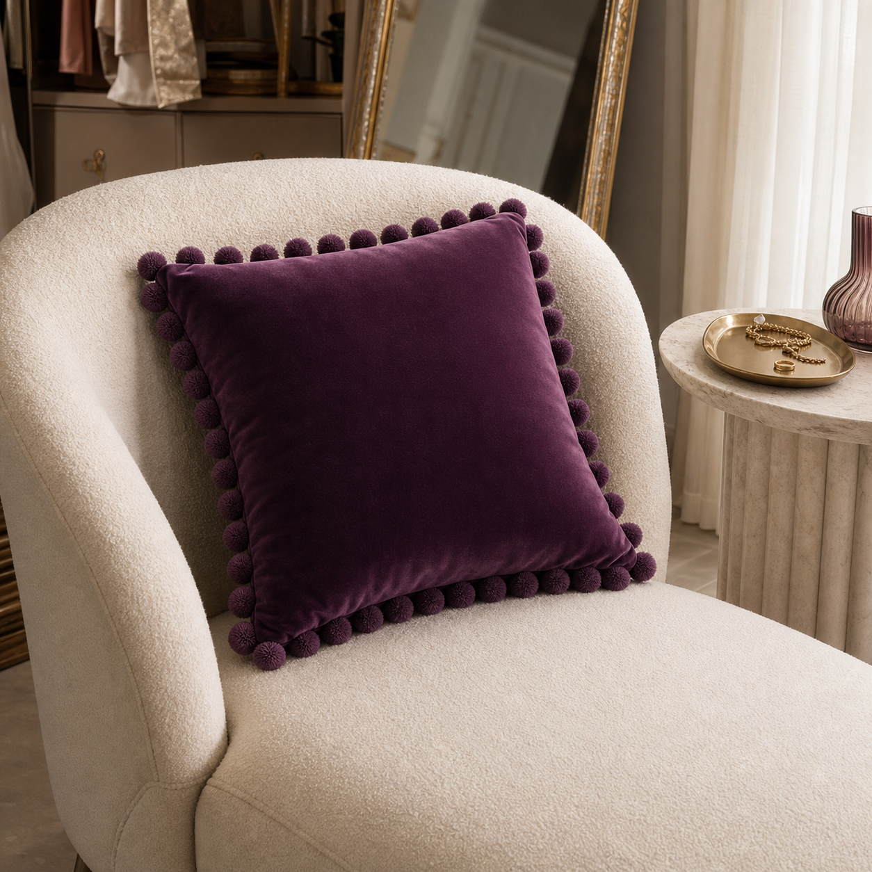 Cozy Haven Multi-Size Pom-Pom Velvet Pillow Cover - 50 x 50 cm / Plum Purple, 40 x 40 cm / Plum Purple, +1 more