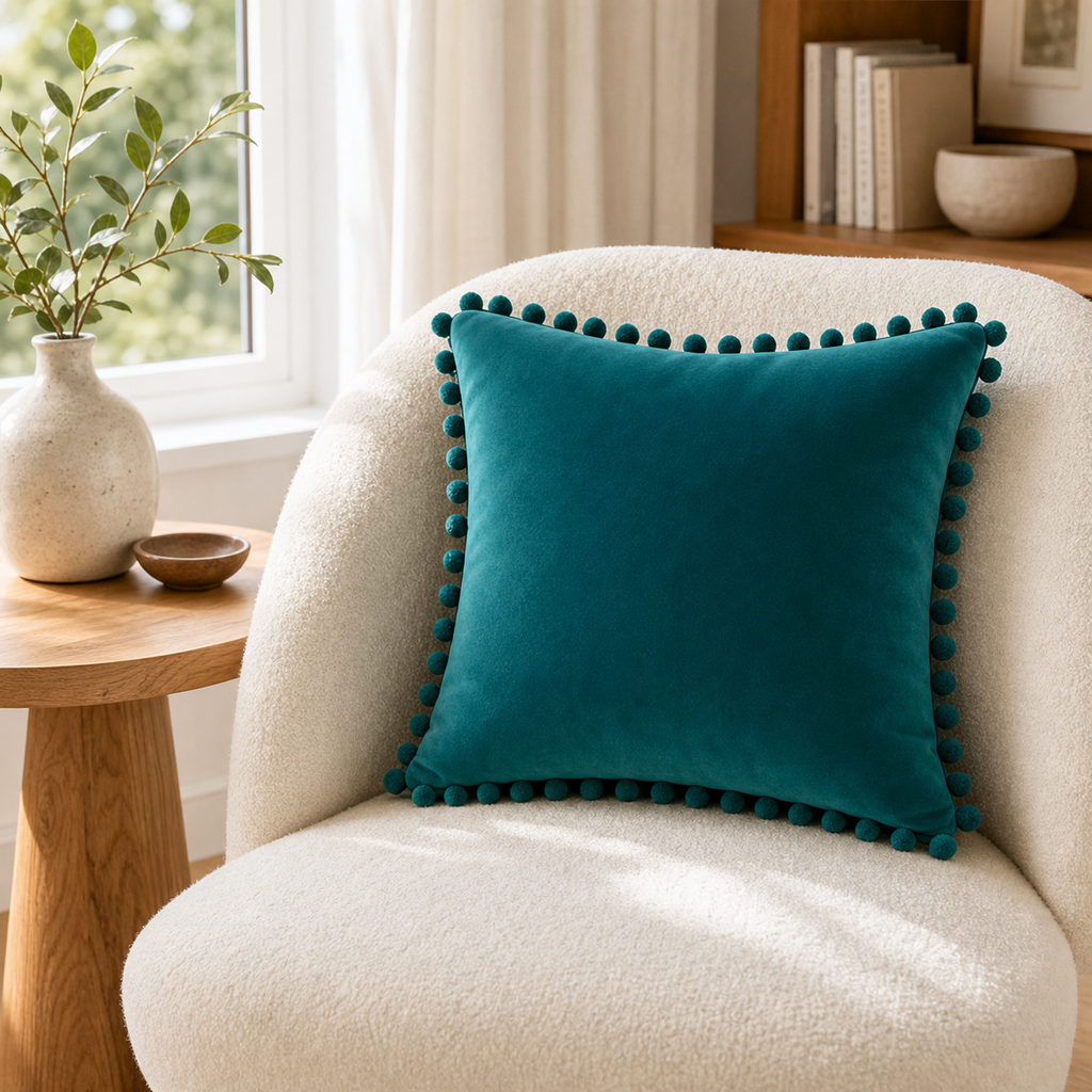 Cozy Haven Multi-Size Pom-Pom Velvet Pillow Cover - 50 x 50 cm / Teal, 40 x 40 cm / Teal, +1 more
