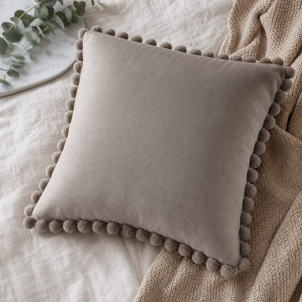 Cozy Haven Multi-Size Pom-Pom Velvet Pillow Cover - 50 x 50 cm / Warm Gray, 40 x 40 cm / Warm Gray, +1 more