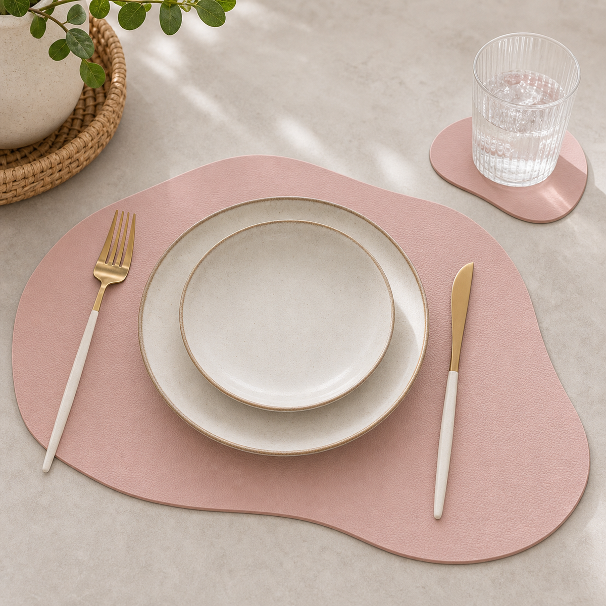 Cozy Haven PU Leather Placemat and Coaster Set Collection styled in a home setting
