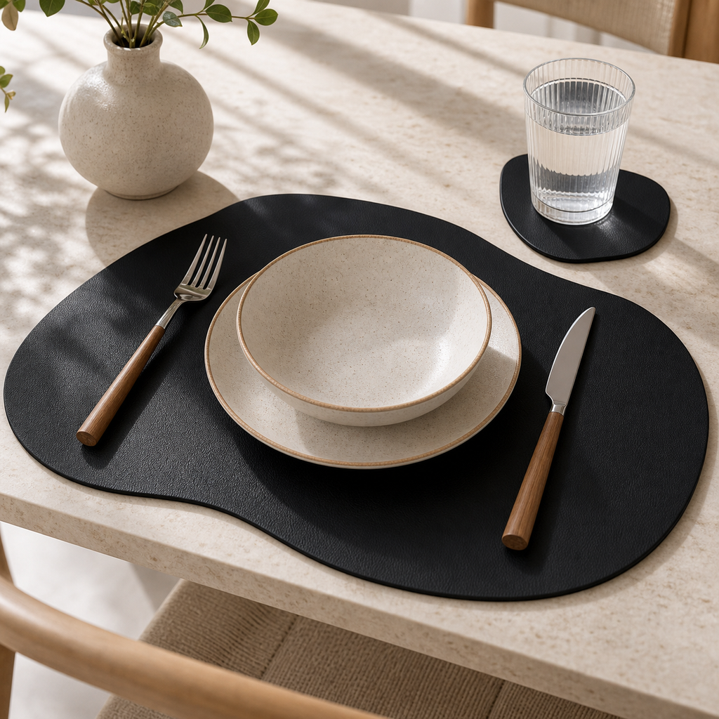 Cozy Haven PU Leather Placemat and Coaster Set Collection - Black / 1 Set, Black / 4-Set Bundle, Black / 6-Set Bundle