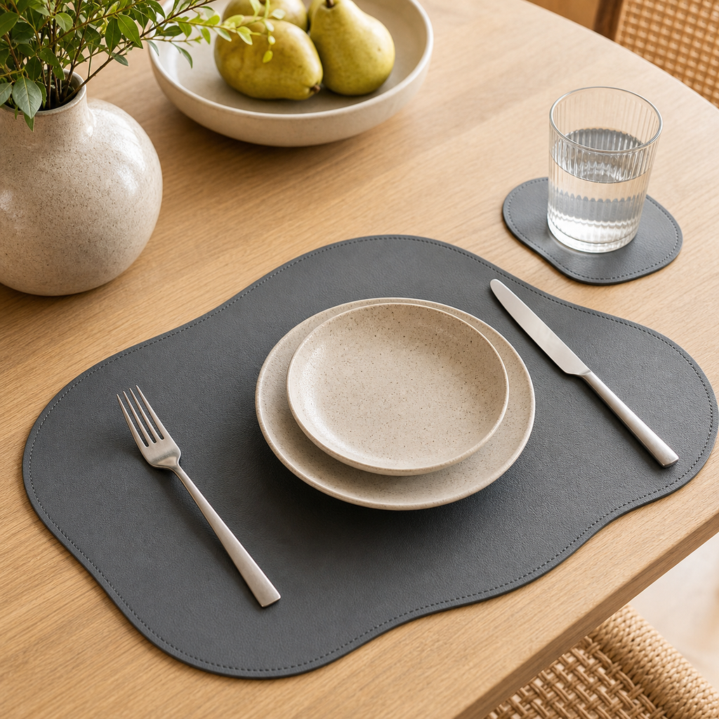 Cozy Haven PU Leather Placemat and Coaster Set Collection - Dark Gray / 1 Set, Dark Gray / 4-Set Bundle, Dark Gray / 6-Set Bundle