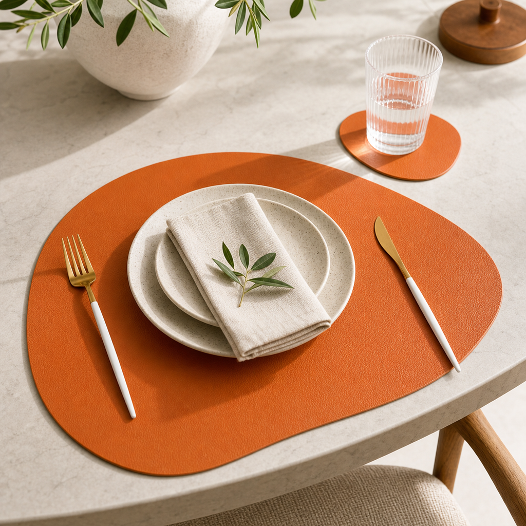 Cozy Haven PU Leather Placemat and Coaster Set Collection - Orange / 1 Set, Orange / 4-Set Bundle, Orange / 6-Set Bundle