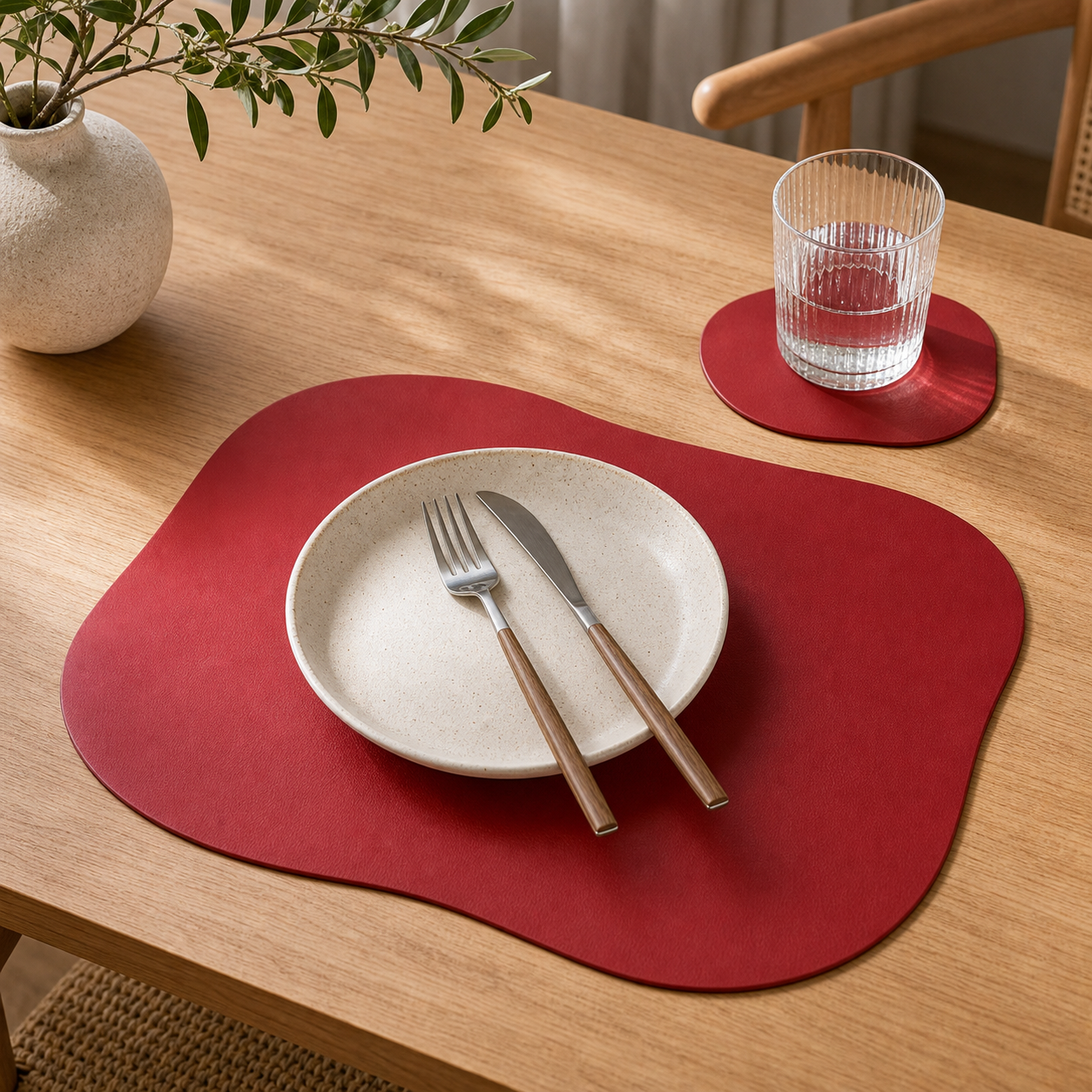 Cozy Haven PU Leather Placemat and Coaster Set Collection - Red / 1 Set, Red / 4-Set Bundle, Red / 6-Set Bundle