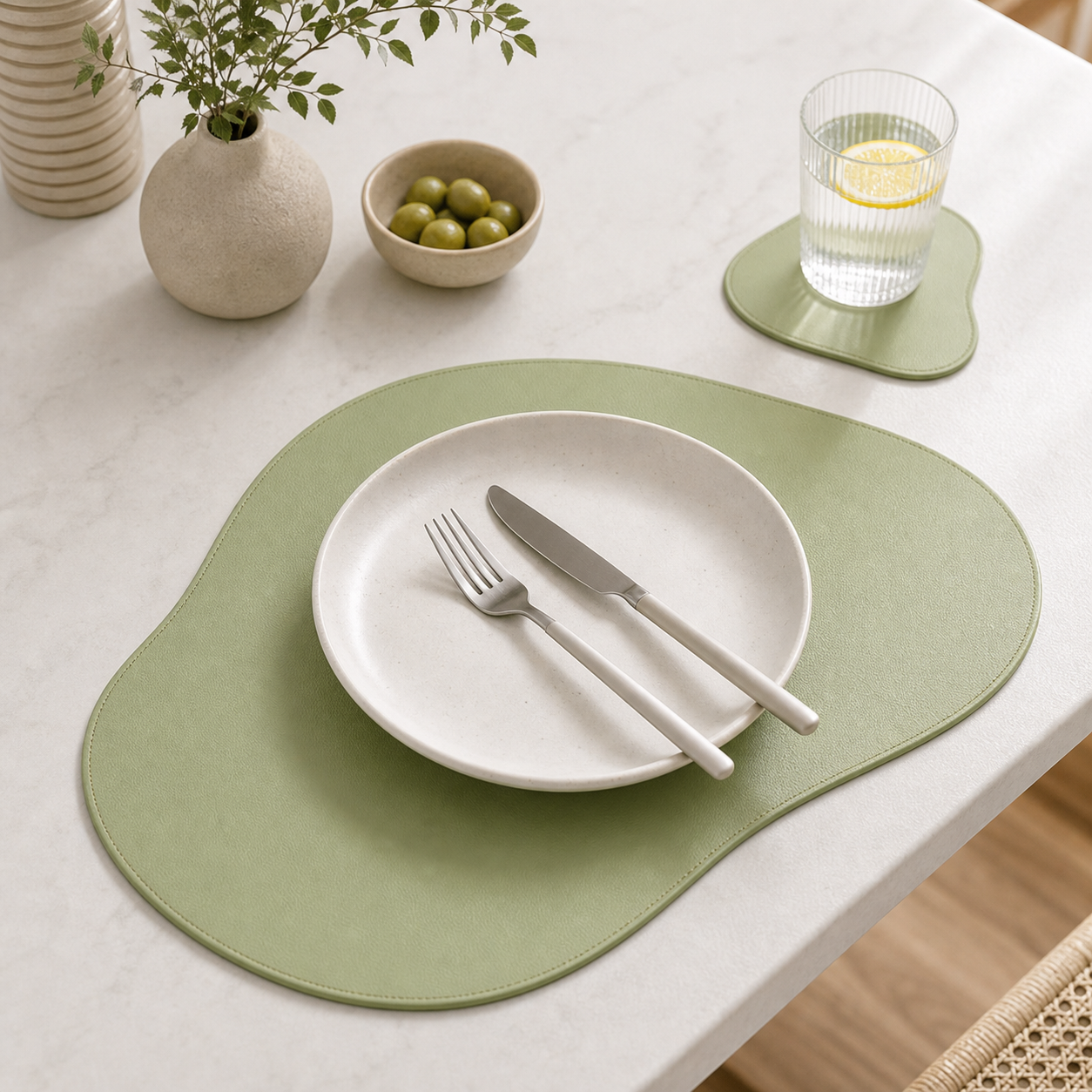 Cozy Haven PU Leather Placemat and Coaster Set Collection - Pea Green / 1 Set, Pea Green / 4-Set Bundle, Pea Green / 6-Set Bundle