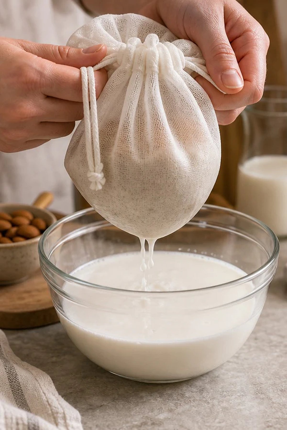 Cozy Haven Reusable Nut Milk Strainer Bag styled in a home setting