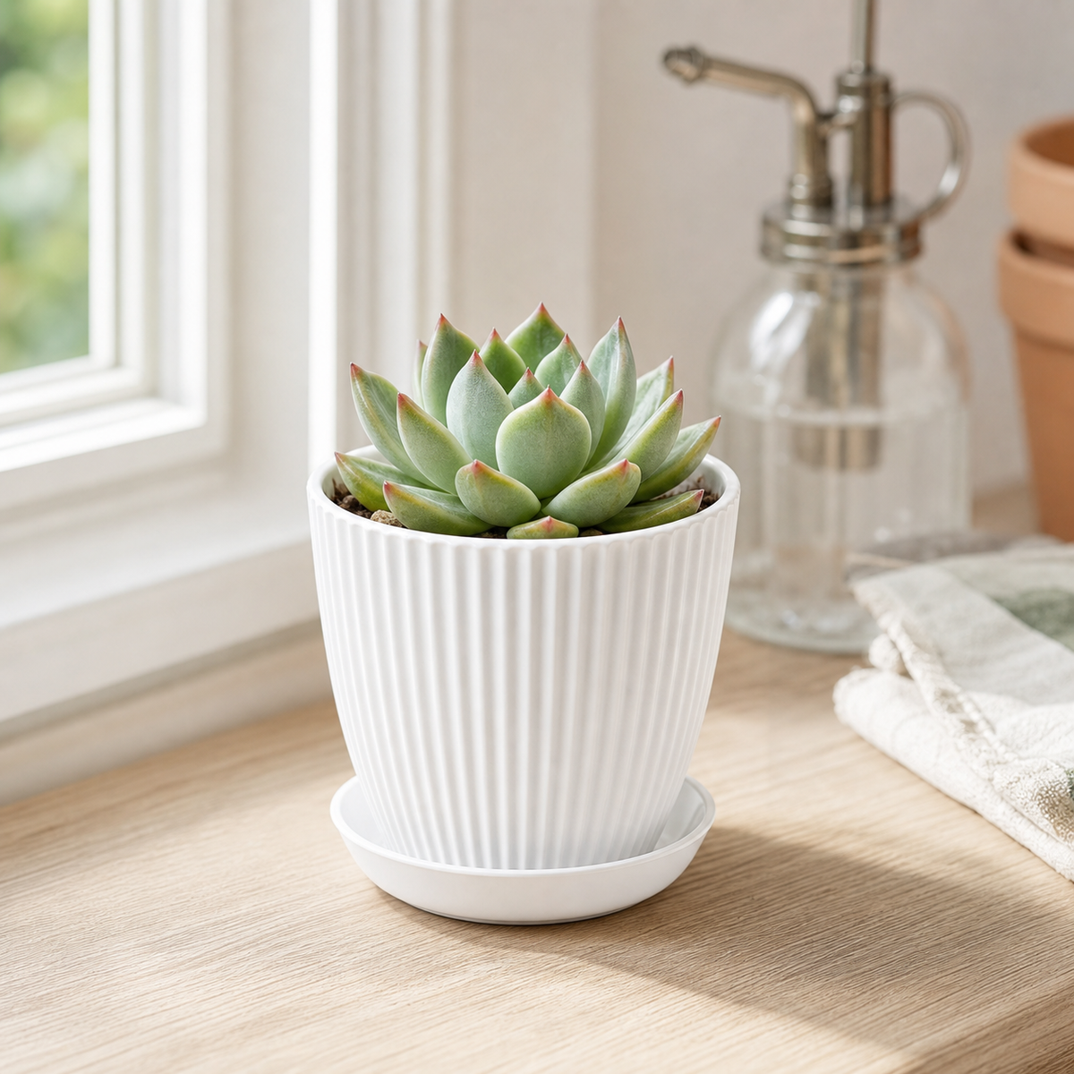 Cozy Haven Round Plant Pot with Tray styled in a home setting